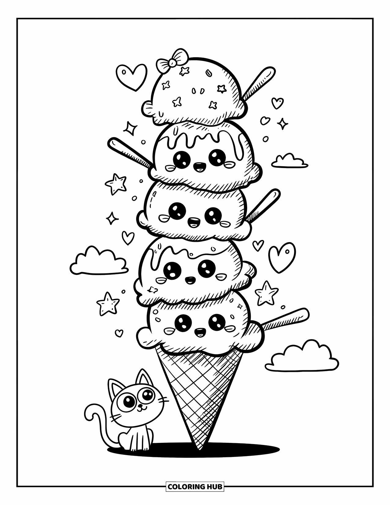 Ice Cream Coloring Page for Adults: A massive ice cream tower with cute toppings, watched by a curious cat at its base