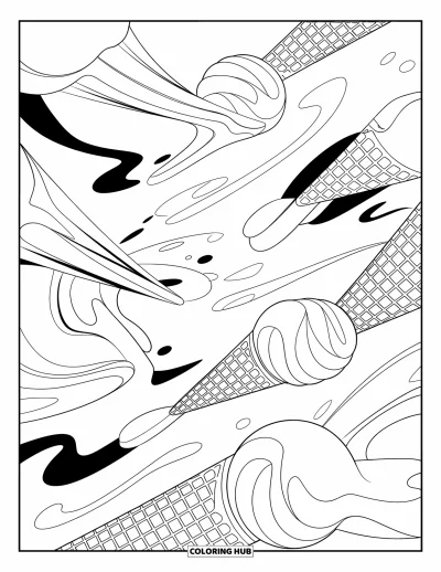 Coloriage de glaces pour adultes : Un tourbillon abstrait fascinant de glace fondante et de textures gaufrées, rempli de motifs complexes