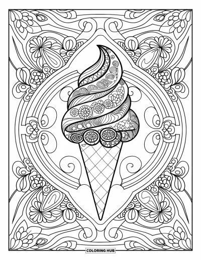 Coloriage de glaces pour adultes : Un mandala glacé envoûtant avec des motifs tourbillonnants, ornés et des formes florales symétriques