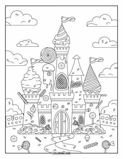 Coloriage de glaces pour adultes : Un château de glaces ludique avec de hautes tourelles, des ornements de bonbons et des détails décoratifs tourbillonnants