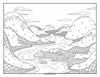 Coloriage de glaces pour adultes : Un paysage serein d’inspiration zen où montagnes et rivières glacées composent un dessin apaisant et artistique