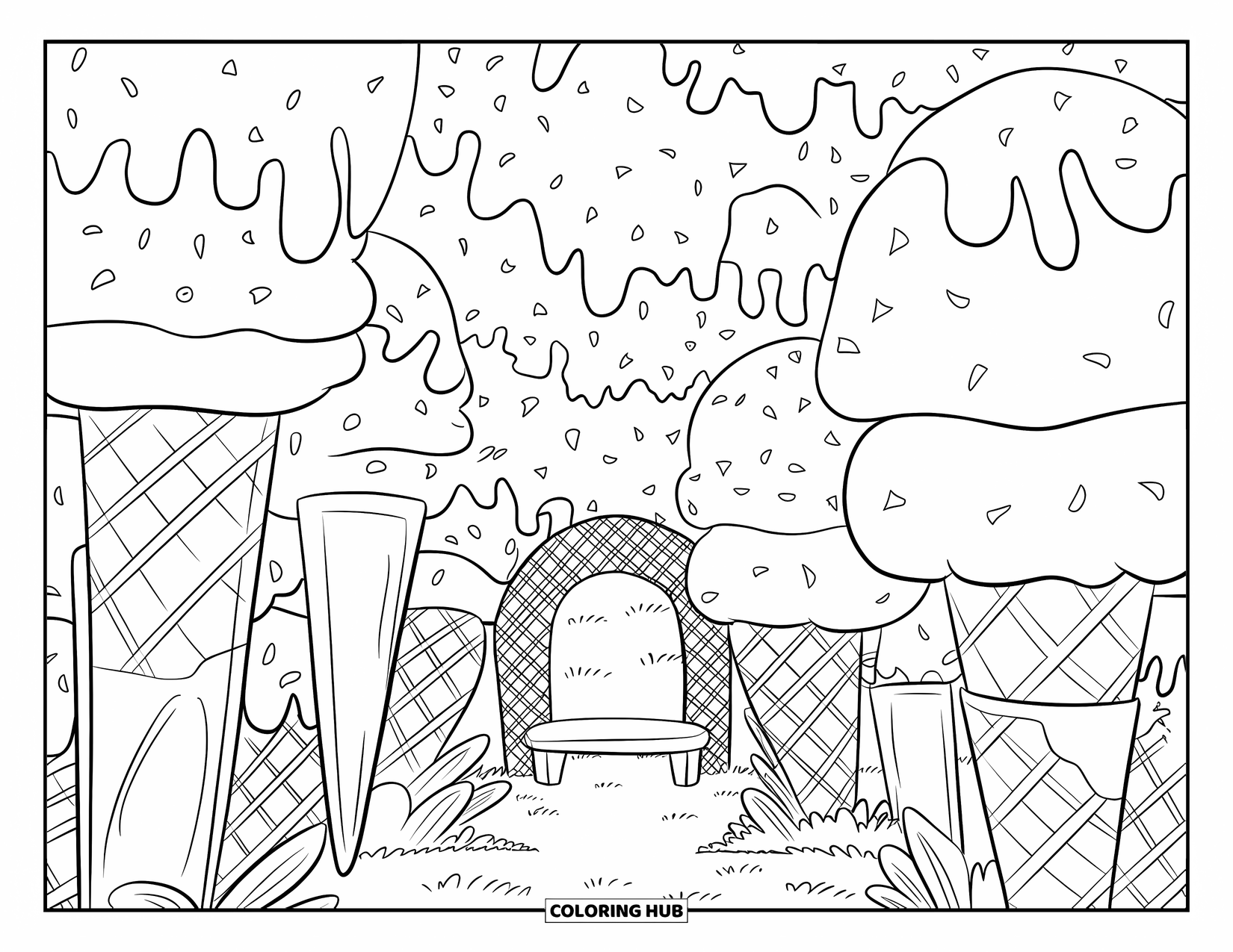 Ice Cream Coloring Page for Adults: A sweet and enchanting garden filled with ice cream trees, a sundae trellis, and a peaceful atmosphere