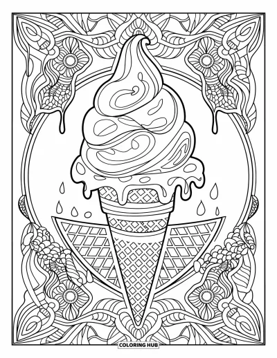 Coloriage de glaces pour adultes : Un mandala symétrique mettant en scène un cornet de glace avec des motifs délicats et des touches artistiques