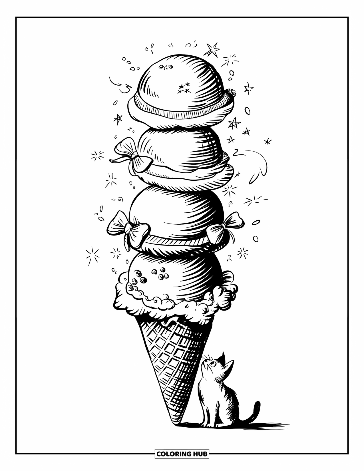 Ice Cream Coloring Page for Adults: A towering ice cream cone with five decorated scoops, as a small cat gazes up in awe