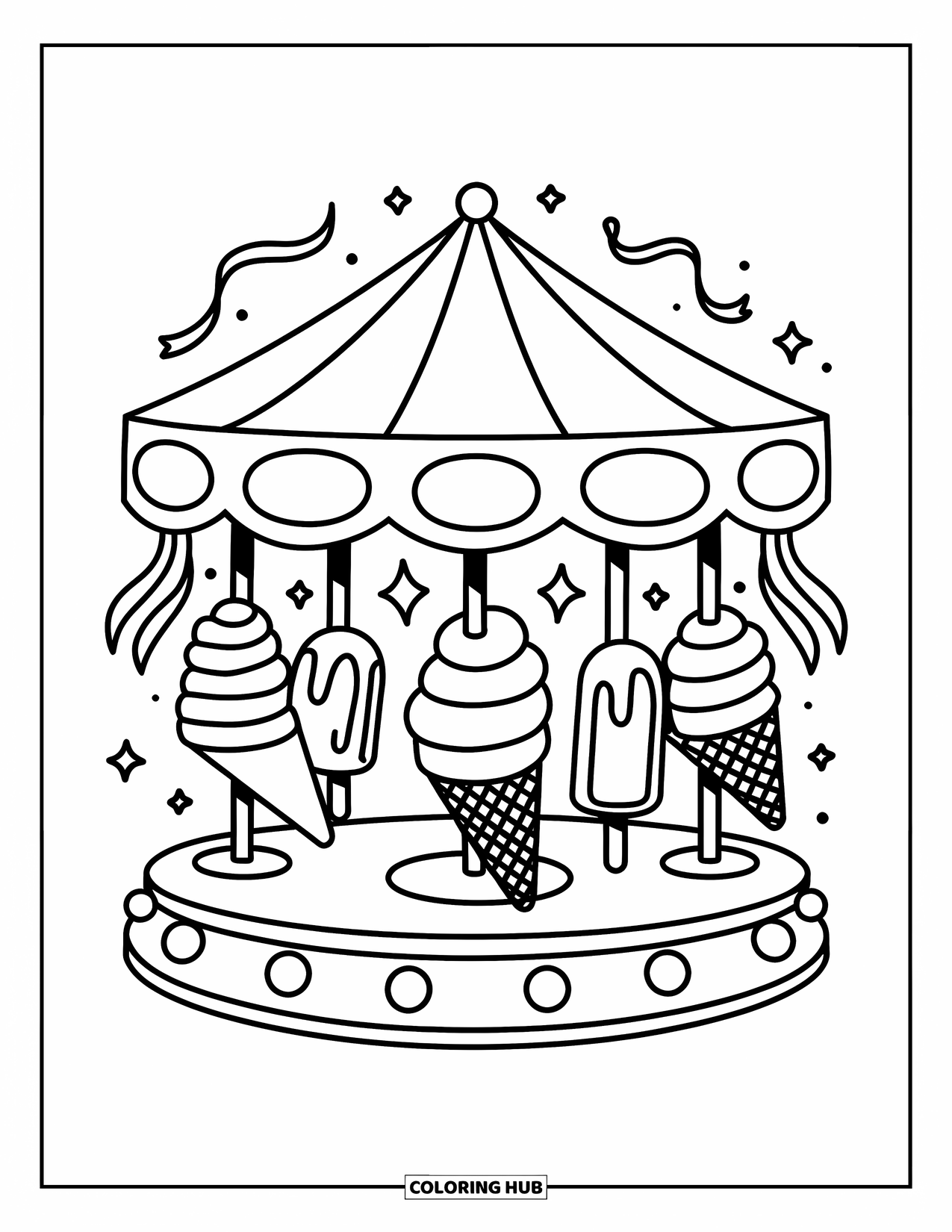 Ice Cream Coloring Page for Adults: A whimsical carousel with ice cream cone and popsicle seats, spinning under a striped canopy