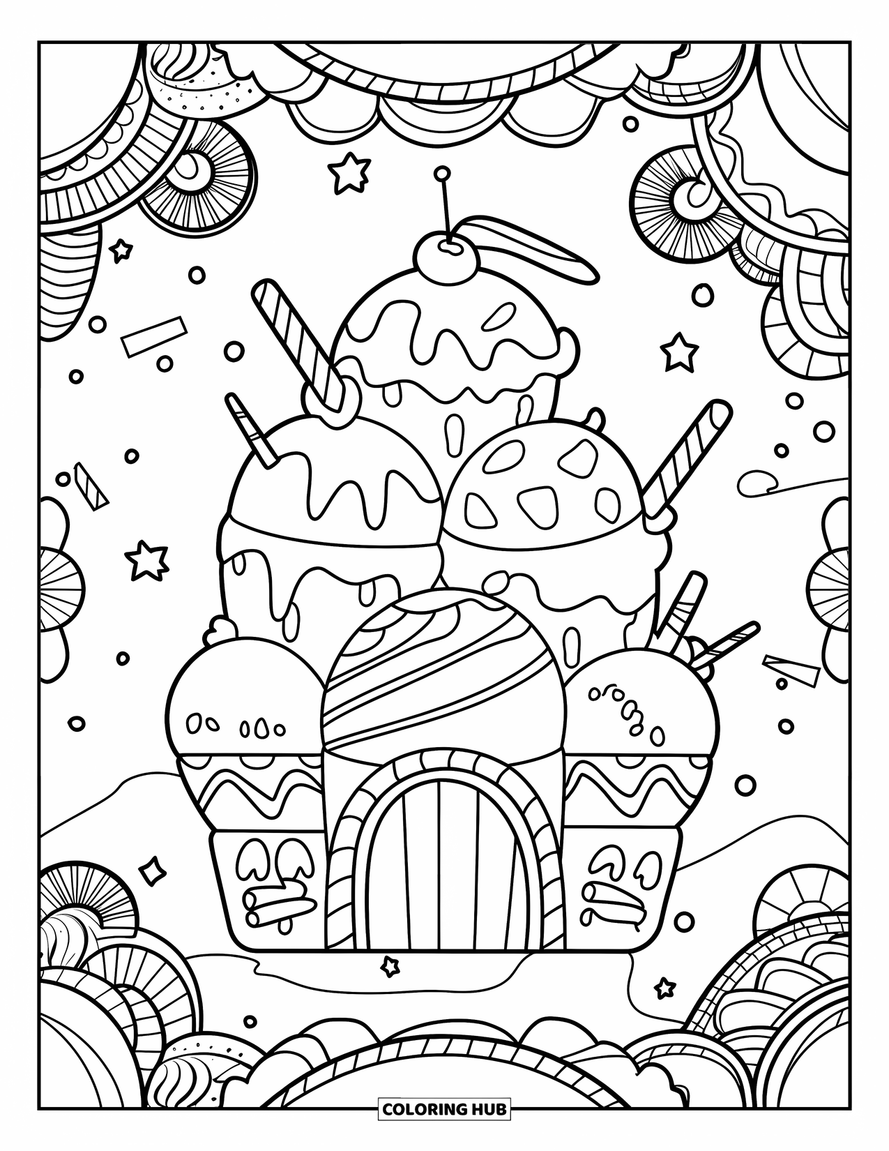 Ice Cream Coloring Page for Adults: A whimsical ice cream castle adorned with sweets, topped with fluffy scoops, and surrounded by clouds