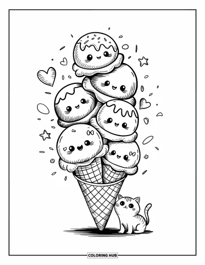 Coloriage de glaces pour adultes : Un cornet fantaisiste empilé de boules, d’étoiles et de vermicelles, admiré par un petit chat