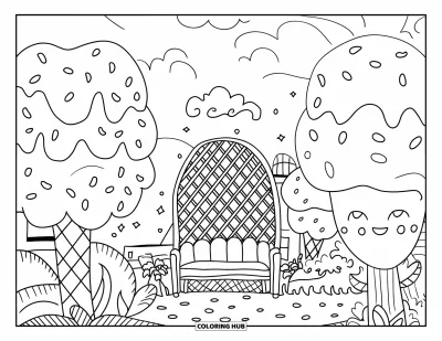 Coloriage de glaces pour adultes : Un jardin de glaces fantaisiste avec de grands arbres-cornets, une tonnelle de sundae et des vermicelles flottant comme des pétales