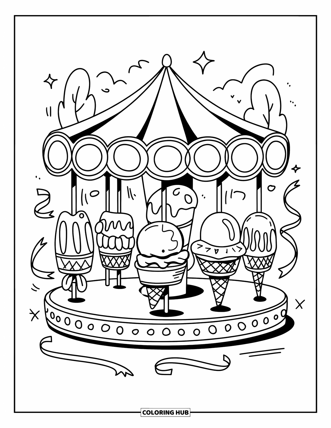 Ice Cream Coloring Page for Adults: An adorable ice cream carousel with cone-shaped seats, ribbons, and twinkling stars decorating the scene