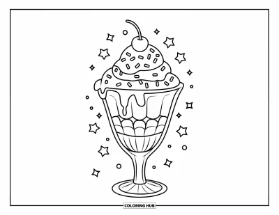 Coloriage de glaces pour enfants : Une grande coupe glacée dans un verre, décorée de sirop, de vermicelles et d’une cerise, prête à savourer
