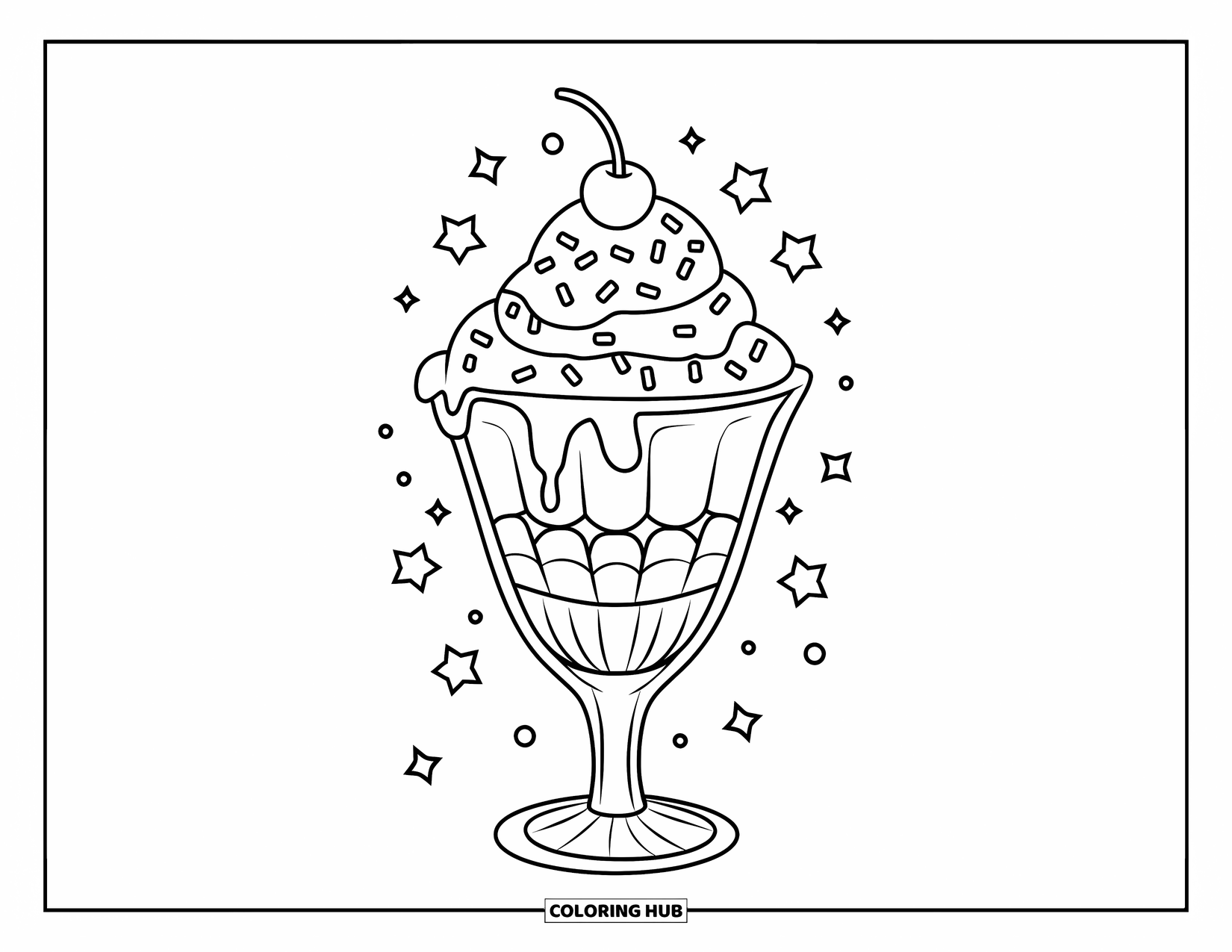 Ice Cream Coloring Page for Kids: A big ice cream sundae in a glass, decorated with syrup, sprinkles, and a cherry, ready to enjoy