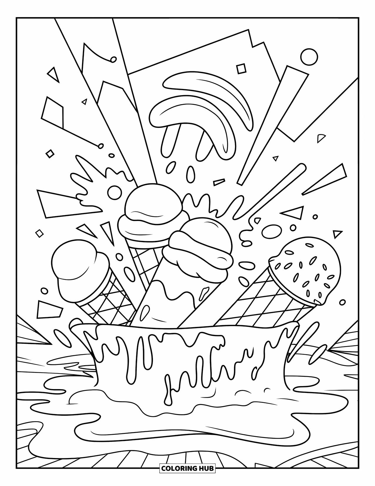 Ice Cream Coloring Page for Kids: A bold splash of dripping ice cream, decorated with circles, stars, and triangles in an abstract style