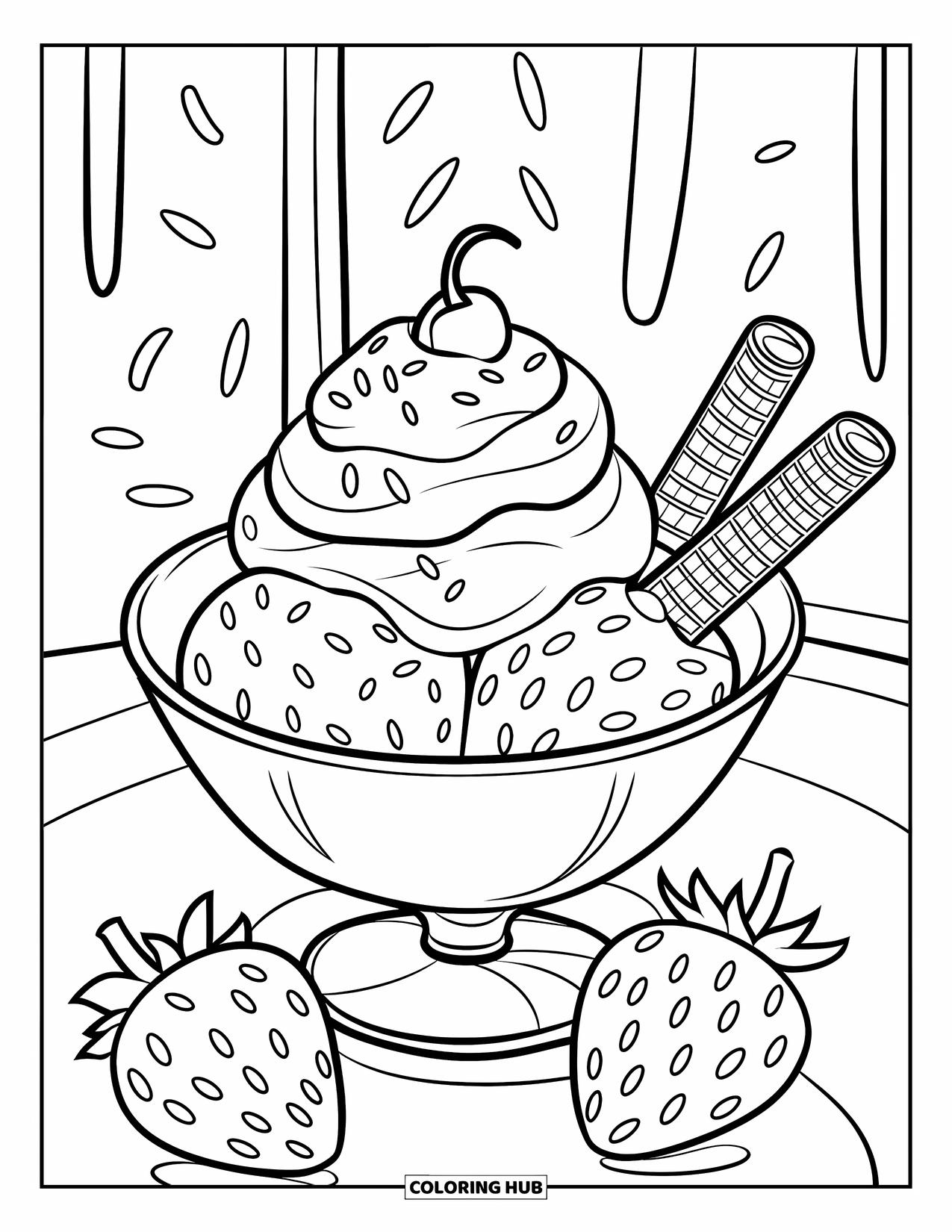 Ice Cream Coloring Page for Kids: A bowl of ice cream topped with whipped cream, sprinkles, and wafer sticks, with strawberries nearby