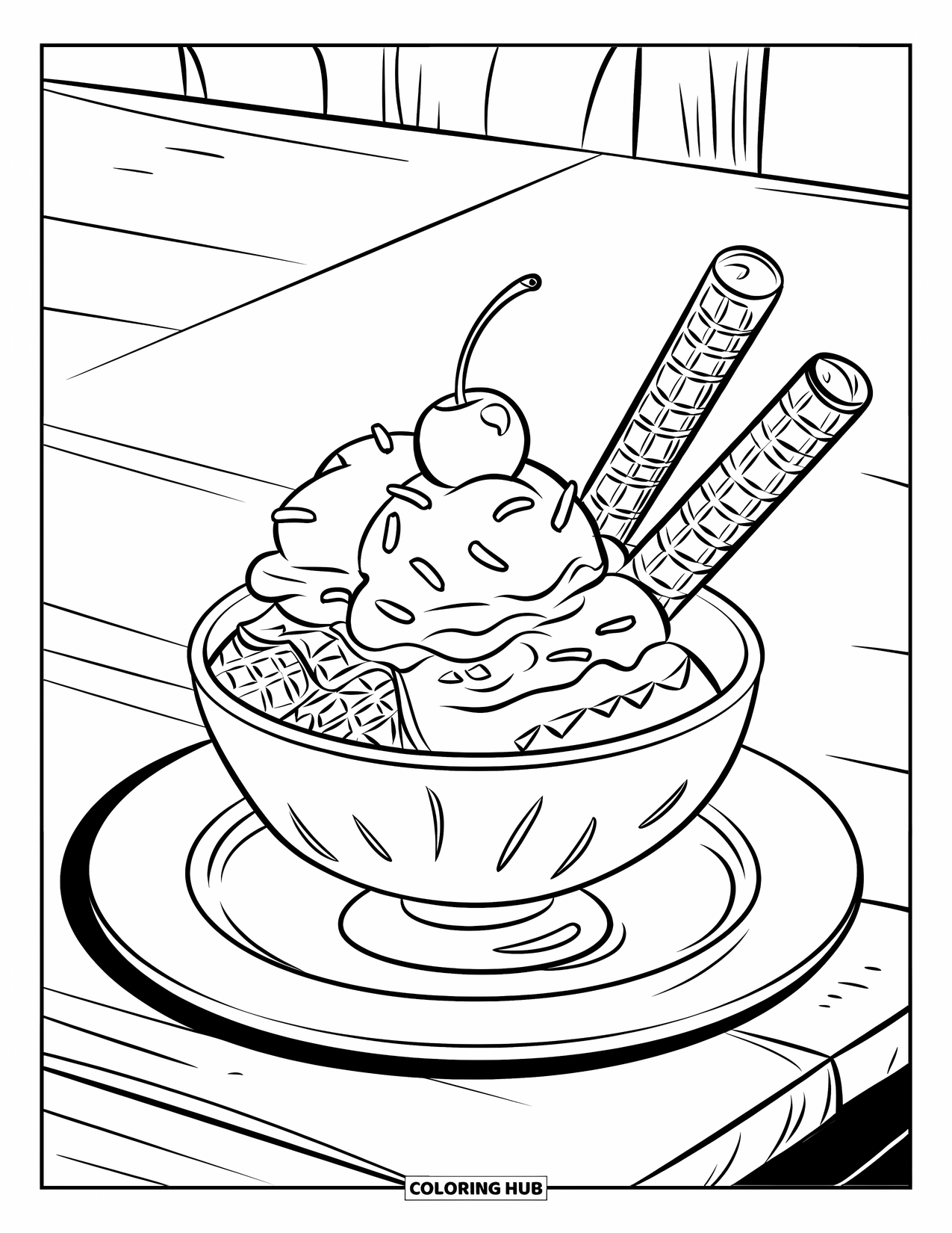 Ice Cream Coloring Page for Kids: A bowl of ice cream with whipped cream, a cherry on top, and wafer sticks, placed on a plate