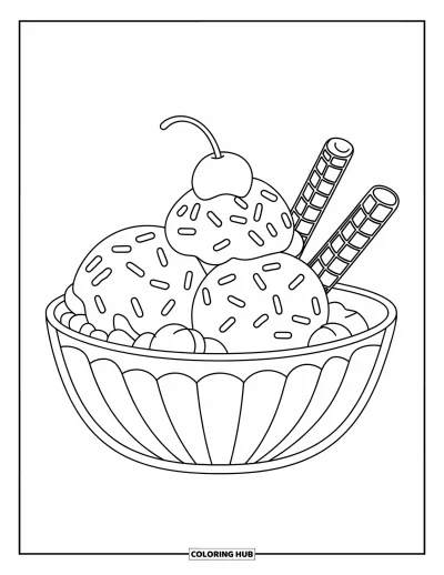 Coloriage de glaces pour enfants : Un bol de glace avec de la crème fouettée, des vermicelles et des bâtonnets de gaufrette, conçu pour un coloriage facile