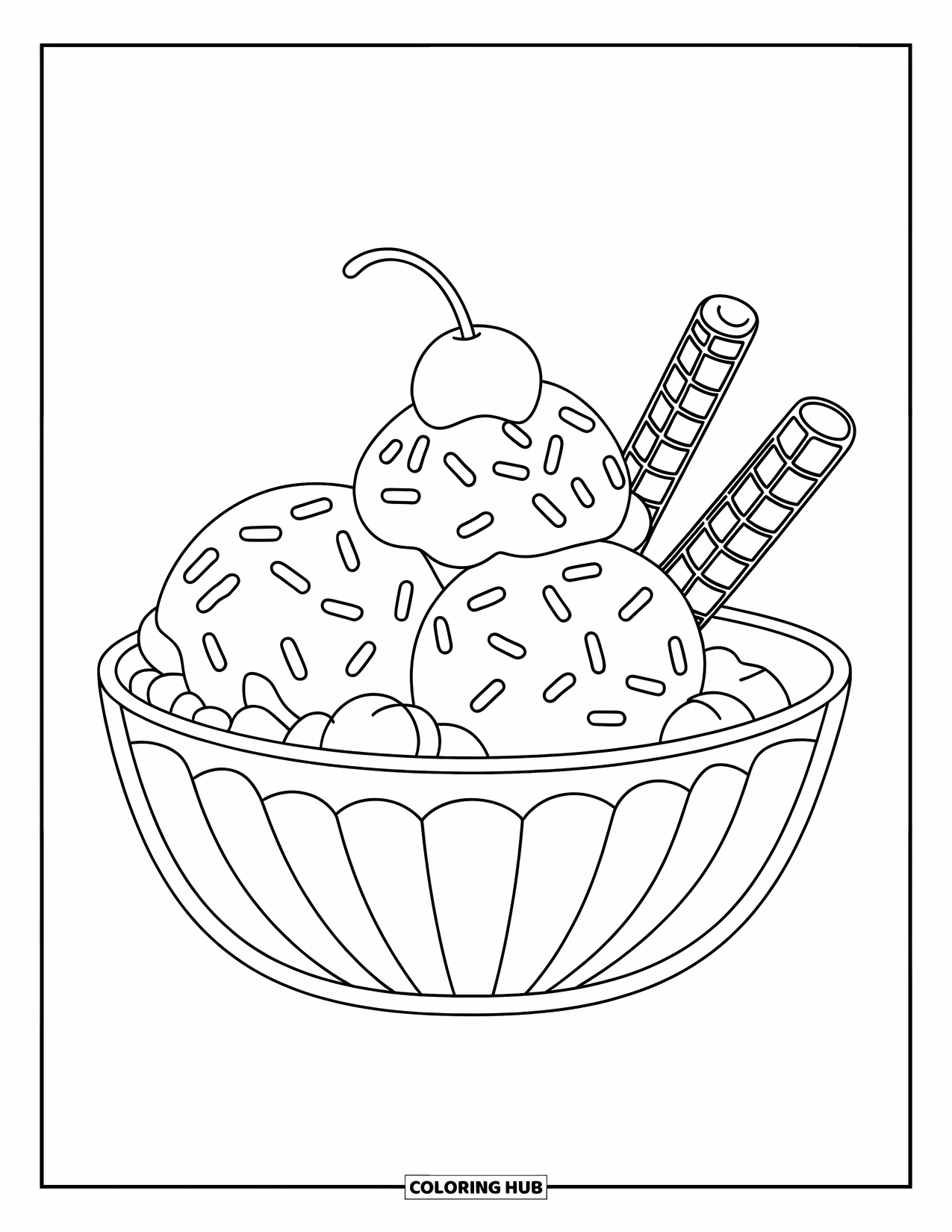 Ice Cream Coloring Page for Kids: A bowl of ice cream with whipped cream, sprinkles, and wafer sticks, designed for easy coloring