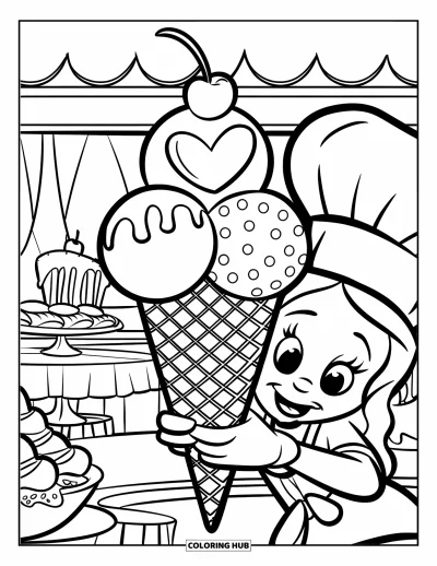 Coloriage de glaces pour enfants : Un personnage avec une toque de chef tient un cornet décoratif à trois boules près d’une table de desserts
