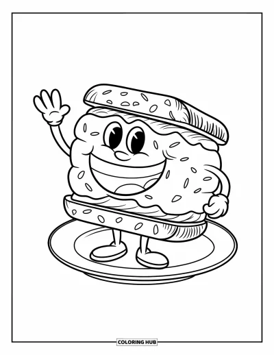 Coloriage de glaces pour enfants : Un sandwich glacé joyeux avec bras et jambes fait coucou, avec des vermicelles sur le dessus et un grand sourire