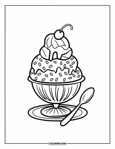 Coloriage de glaces pour enfants : Une coupe glacée joyeuse avec crème fouettée, sirop et une cuillère souriante à côté