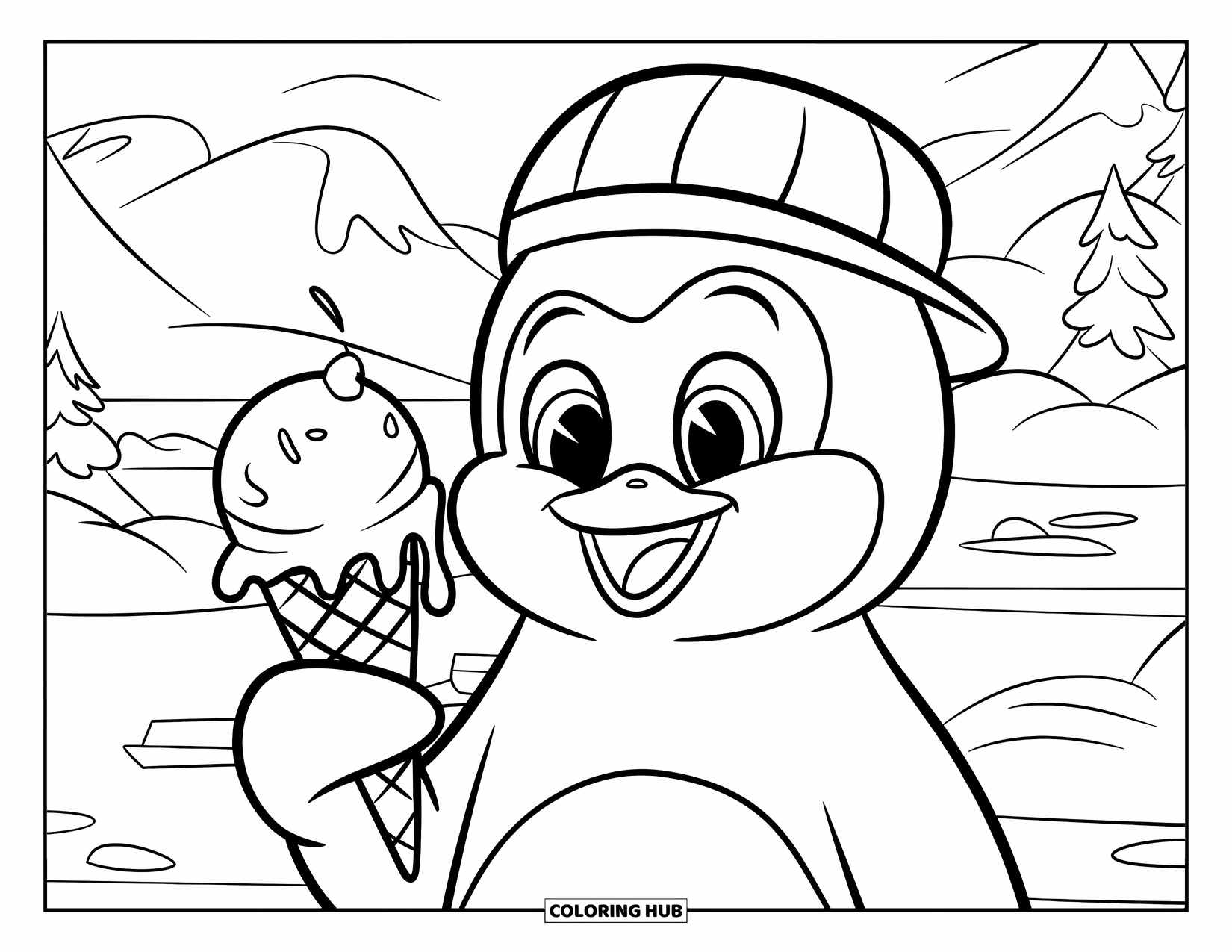 Ice Cream Coloring Page for Kids: A cheerful penguin holds a melting ice cream cone, standing in a snowy landscape with mountains and trees