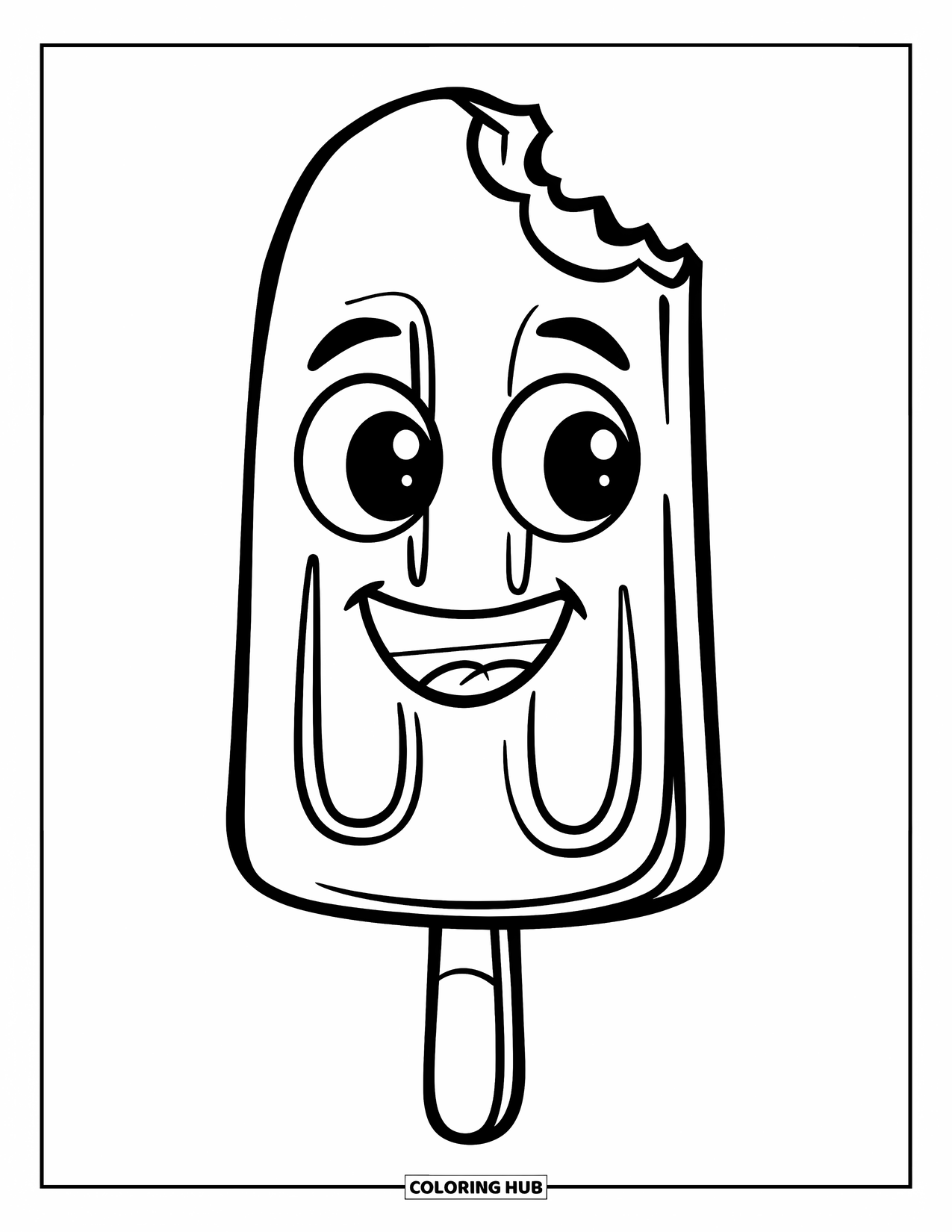 Ice Cream Coloring Page for Kids: A cheerful popsicle with a big smile and a bite mark, with clean outlines for easy coloring