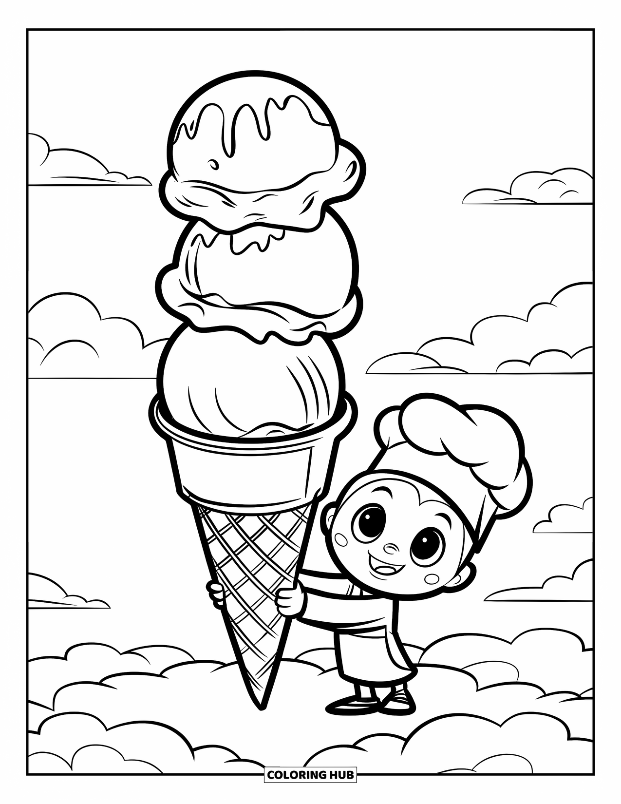 Ice Cream Coloring Page for Kids: A cute character in a chef's hat holds a triple-scoop ice cream cone while standing on a fluffy cloud