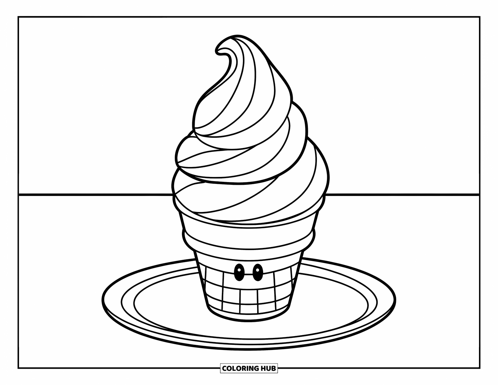 Ice Cream Coloring Page for Kids: A cute ice cream cone with a happy face, sitting on a plate, waiting to be enjoyed