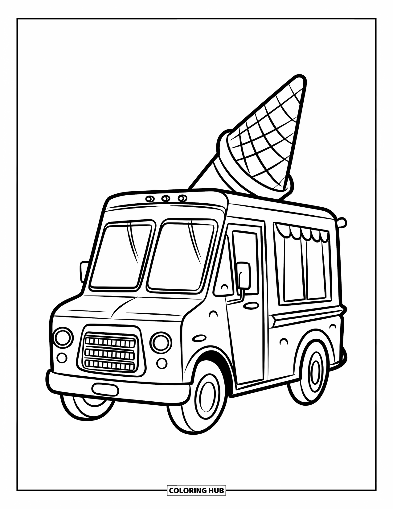 Ice Cream Coloring Page for Kids: A cute ice cream truck with a large cone on top, bringing delicious treats with a cheerful vibe