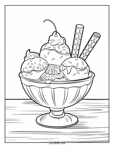 Coloriage de glaces pour enfants : Un délicieux bol de glace avec crème fouettée et bâtonnets de gaufrette, posé sur une surface en bois