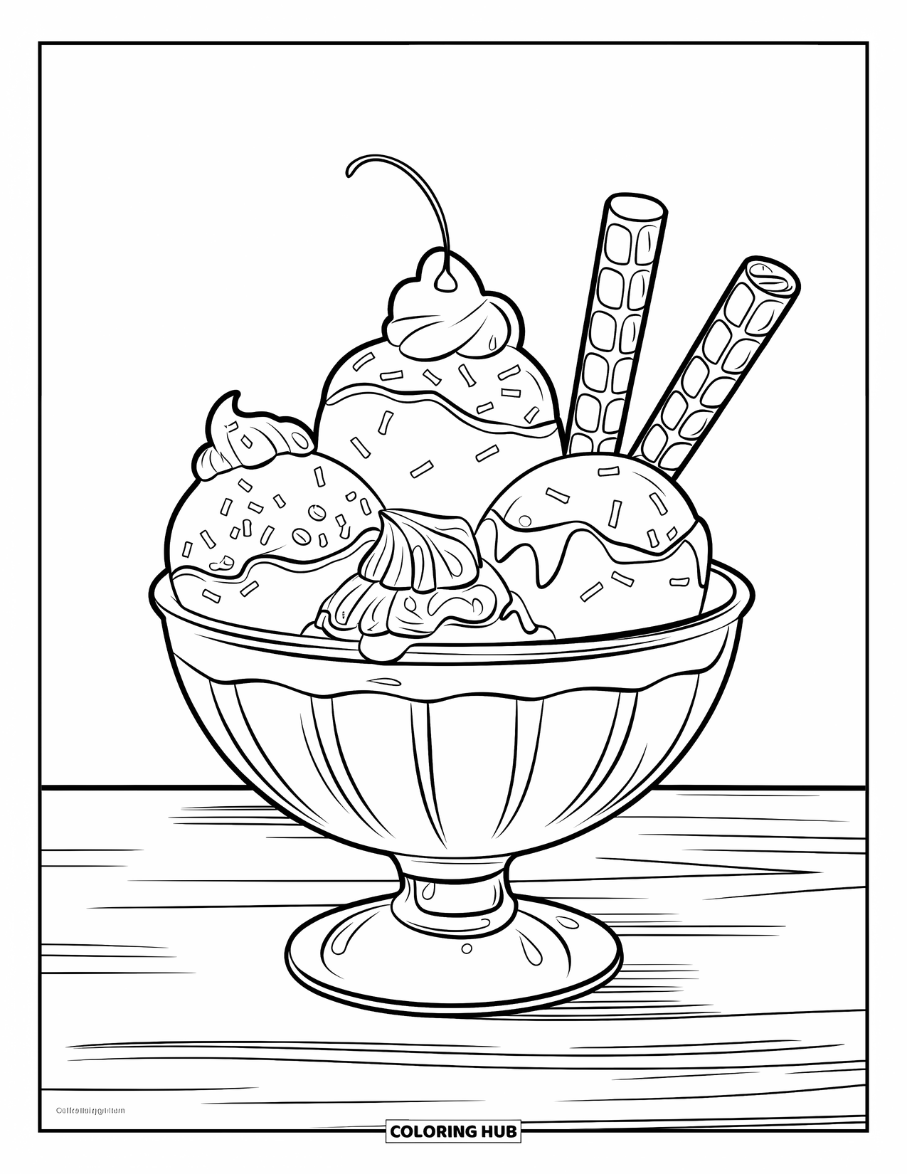 Ice Cream Coloring Page for Kids: A delicious bowl of ice cream with whipped cream and wafer sticks, placed on a wooden surface