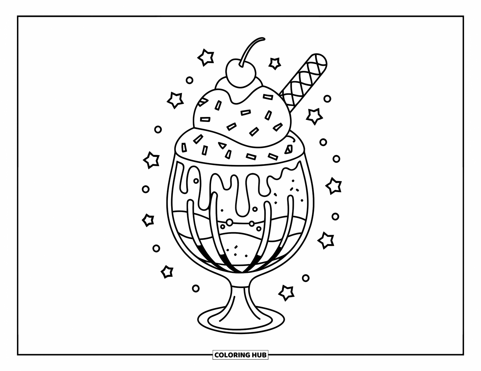 Ice Cream Coloring Page for Kids: A delightful ice cream sundae topped with whipped cream, syrup, sprinkles, and a cherry, surrounded by tiny stars