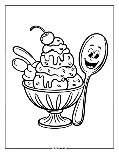 Coloriage de glaces pour enfants : Une délicieuse coupe glacée avec des vermicelles, une cuillère souriante et une cerise au sommet, prête à savourer