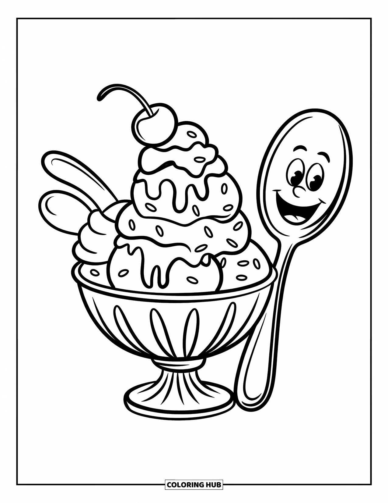 Ice Cream Coloring Page for Kids: A delightful ice cream sundae with sprinkles, a smiling spoon, and a cherry on top, ready to enjoy