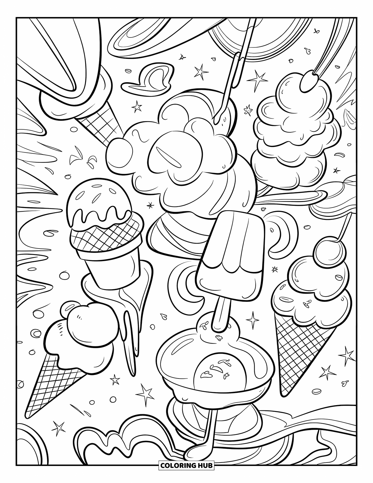 Ice Cream Coloring Page for Kids: A detailed doodle of ice cream treats, blending sundaes, cones, and popsicles in a fun design