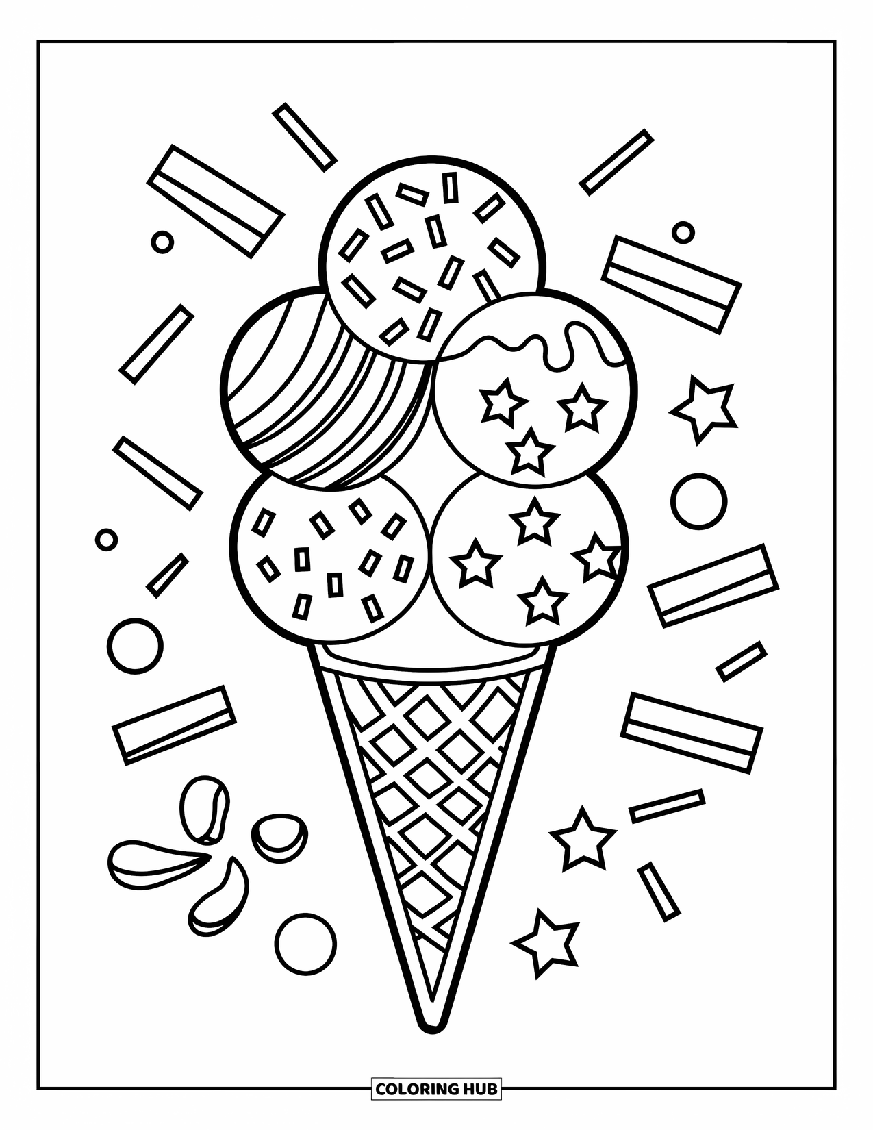 Ice Cream Coloring Page for Kids: A five-scoop ice cream cone with fun patterns, surrounded by extra sprinkles and stars