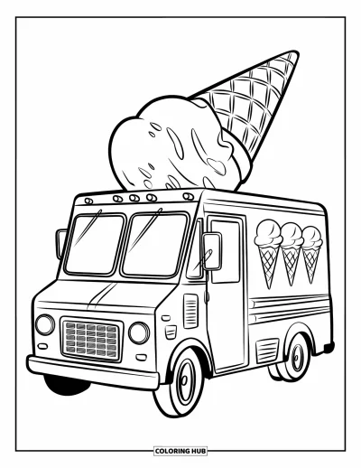 Coloriage de glaces pour enfants : Un camion de glaces amusant avec des décorations en forme de cornets, apportant de délicieuses gourmandises par une belle journée