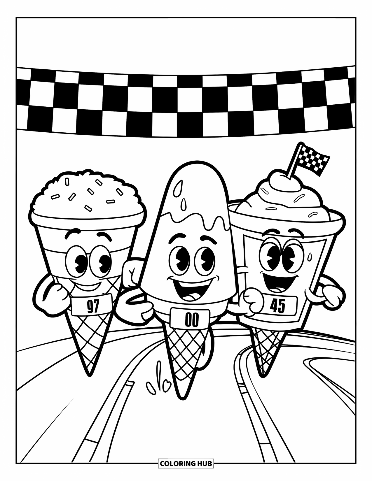 Ice Cream Coloring Page for Kids: A fun race between an ice cream cone, a popsicle, and a sundae, each with silly expressions