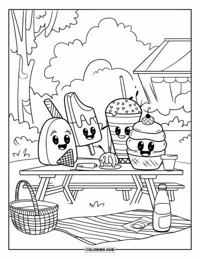 Coloriage de glaces pour enfants : Un groupe de gourmandises glacées profite d’un pique-nique dans un parc ensoleillé avec une nappe à carreaux