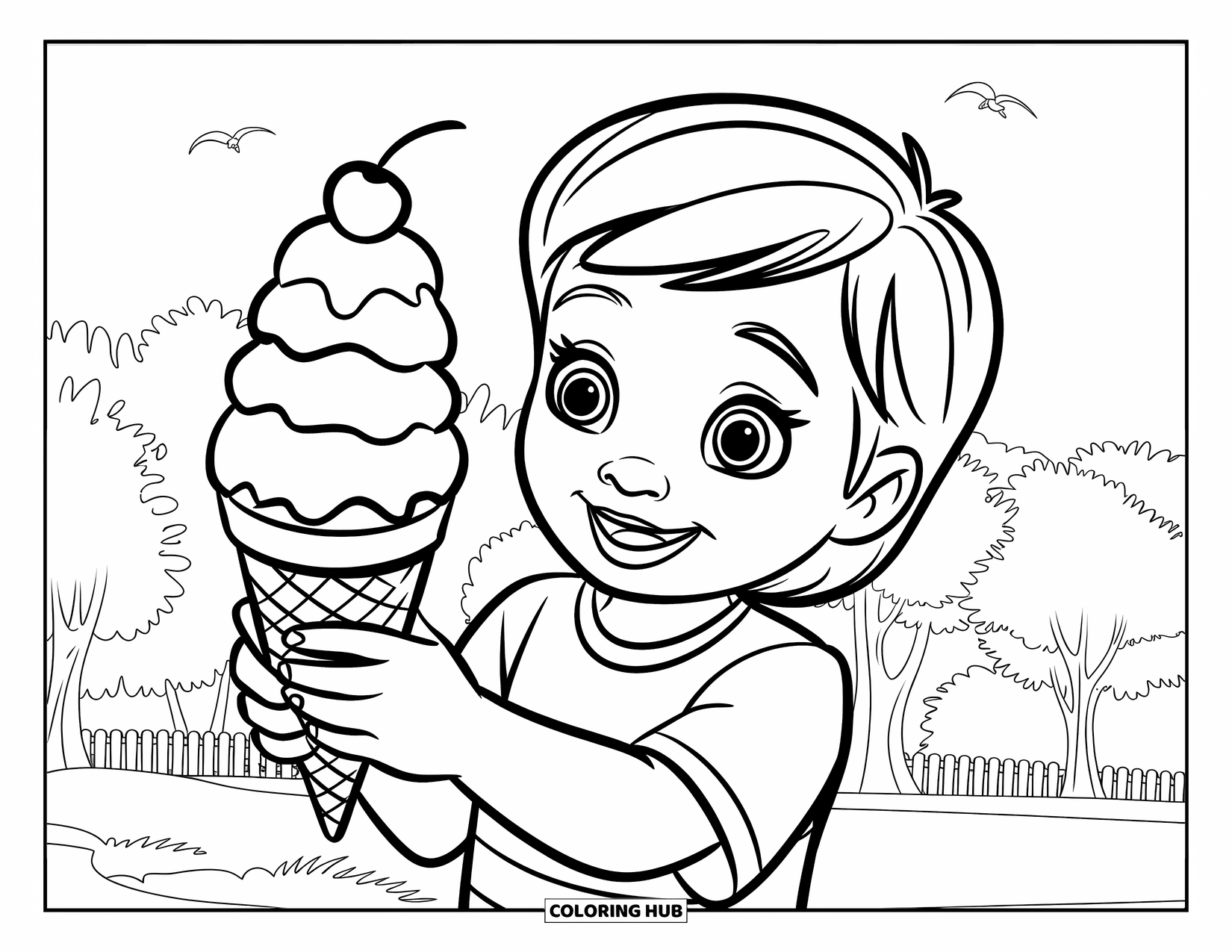 Ice Cream Coloring Page for Kids: A happy child holds a double-scoop ice cream cone, standing in a sunny park with trees and birds