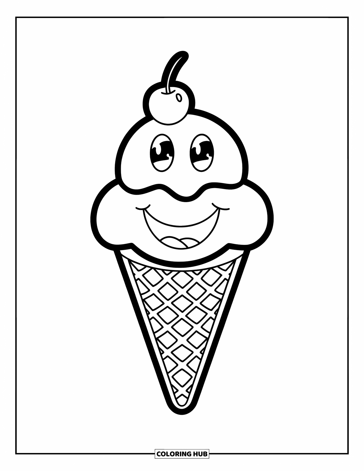 Ice Cream Coloring Page for Kids: A happy ice cream cone with a face, two big scoops, and a cherry on top, full of personality