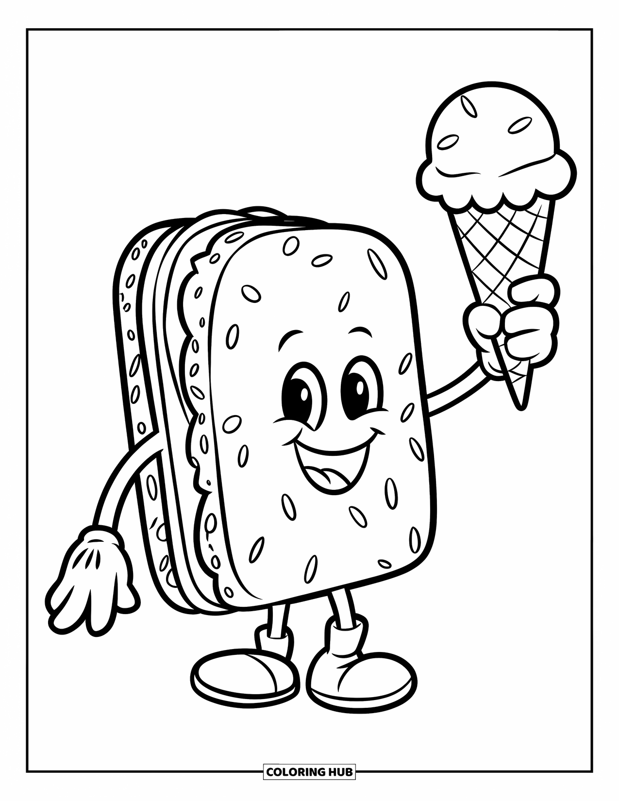 Ice Cream Coloring Page for Kids: A happy ice cream sandwich waves while holding a cone, with cookie arms and a fun personality