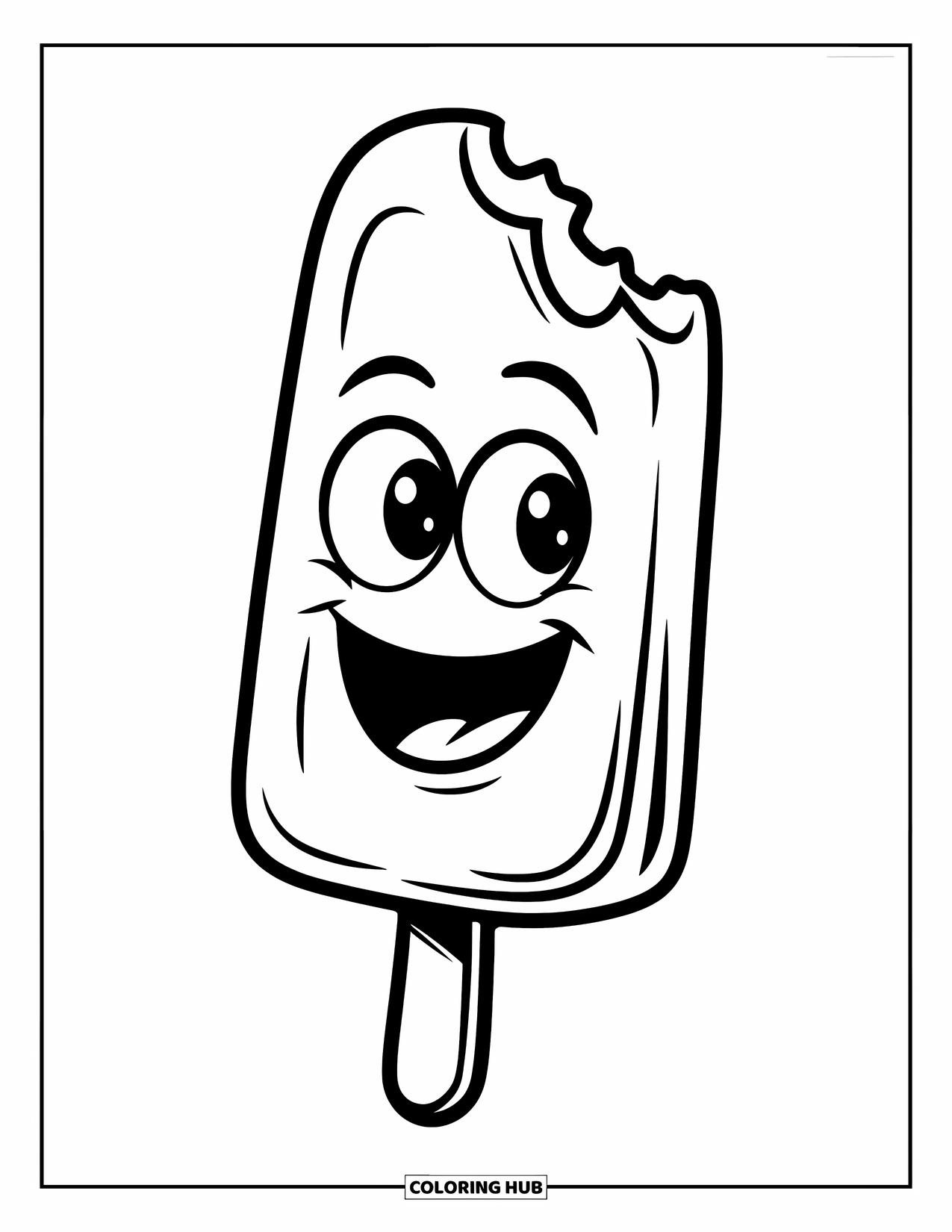 Ice Cream Coloring Page for Kids: A happy popsicle with big cartoon eyes and a bite mark at the top, standing on a stick