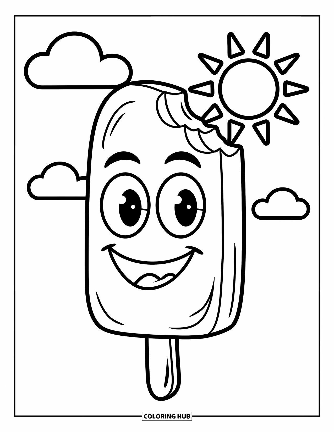 Ice Cream Coloring Page for Kids: A happy popsicle with big eyes and a bite mark, standing under a bright sun and a fluffy cloud