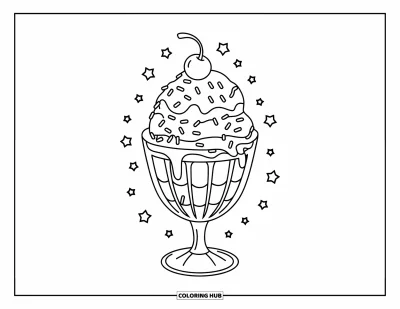 Coloriage de glaces pour enfants : Une grande coupe à sundae remplie de couches de glace, de sirop, de vermicelles et d’une cerise au sommet