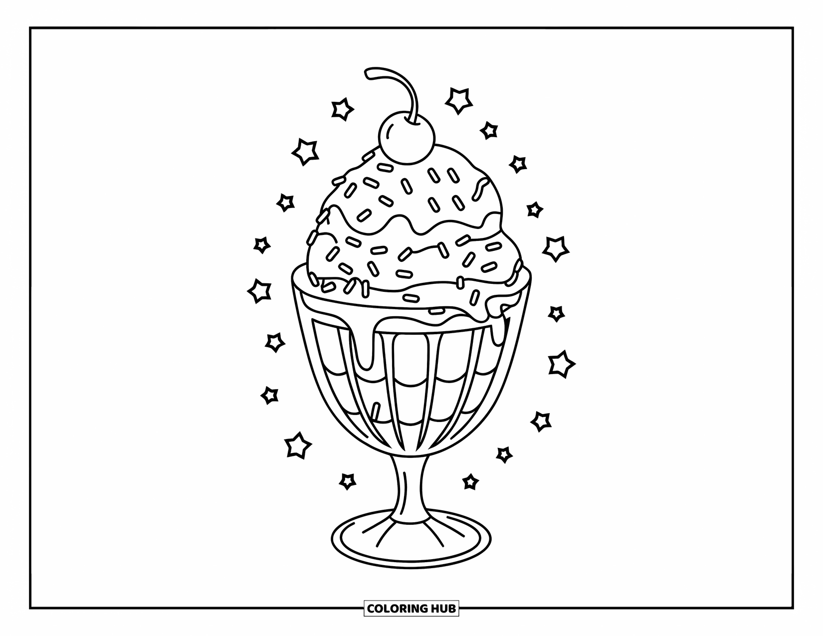 Ice Cream Coloring Page for Kids: A large sundae glass filled with layers of ice cream, syrup, sprinkles, and a cherry on top