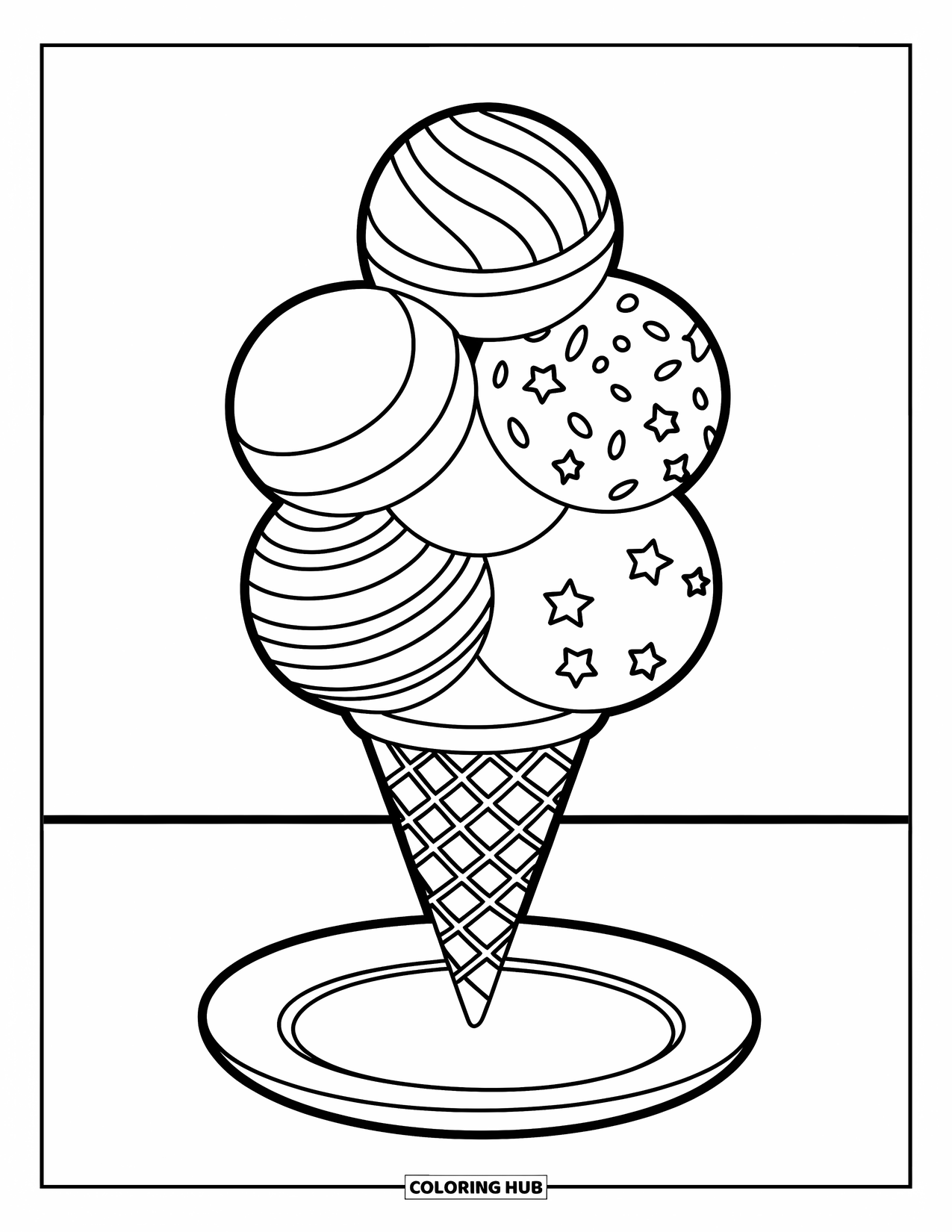Ice Cream Coloring Page for Kids: A layered ice cream cone with five unique flavors, featuring swirls, sprinkles, and stripes