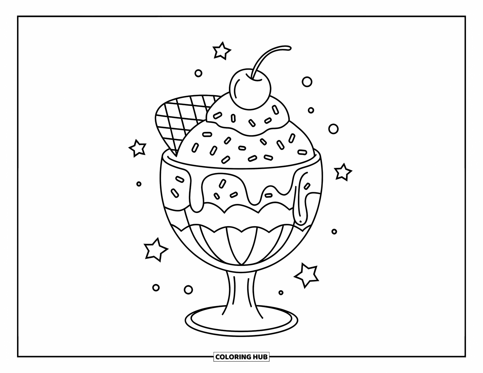 Ice Cream Coloring Page for Kids: A layered ice cream sundae with whipped cream, sprinkles, and a cherry, surrounded by floating stars