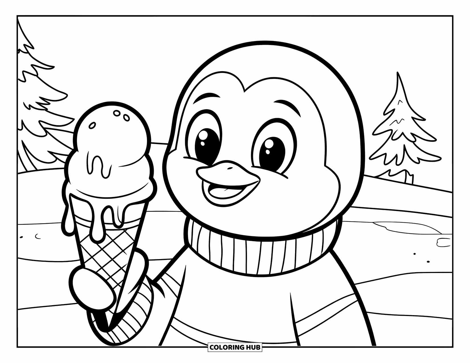 Ice Cream Coloring Page for Kids: A penguin in a striped sweater holds an ice cream cone, standing among snowy trees in winter