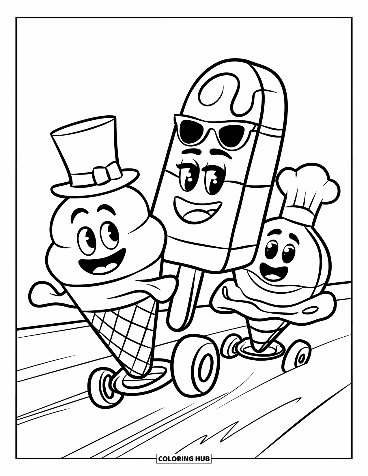Ice Cream Coloring Page for Kids: A playful ice cream race featuring a cone, a popsicle, and a sundae, each dressed in funny outfits