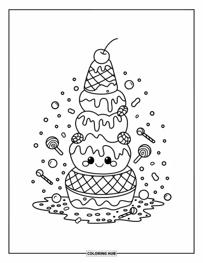 Coloriage de glaces pour enfants : Une tour de glaces ludique aux motifs créatifs, légèrement fondante, entourée de touches de bonbons